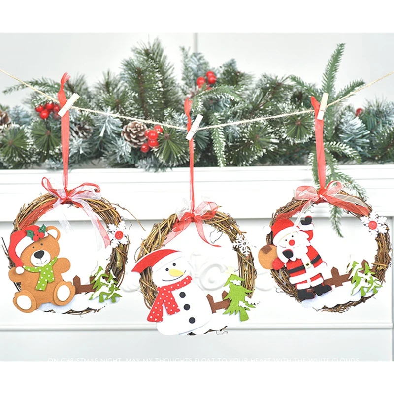 

New Christmas Flower Wreath For Xmas Tree Hanging Snowman Deer Decorations Artificial Vine Ring Handmade Party Supplies