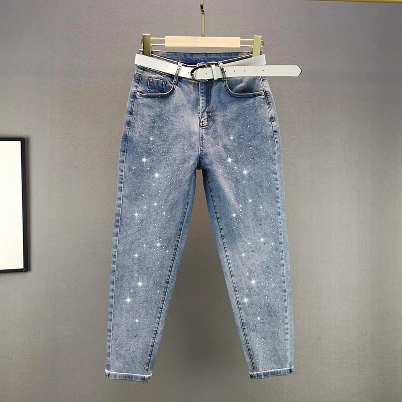 Hot Rhinestone Blue Jeans Women's 2021 Spring New High Waist Jeans Loose Cropped Pants Light Blue Street Jean Students Trousers
Hot Rhinestone Blue Jeans Women's 2021 Spring New High Waist Jeans Loose Cropped Pants Light Blue Street Jean Students Trousers