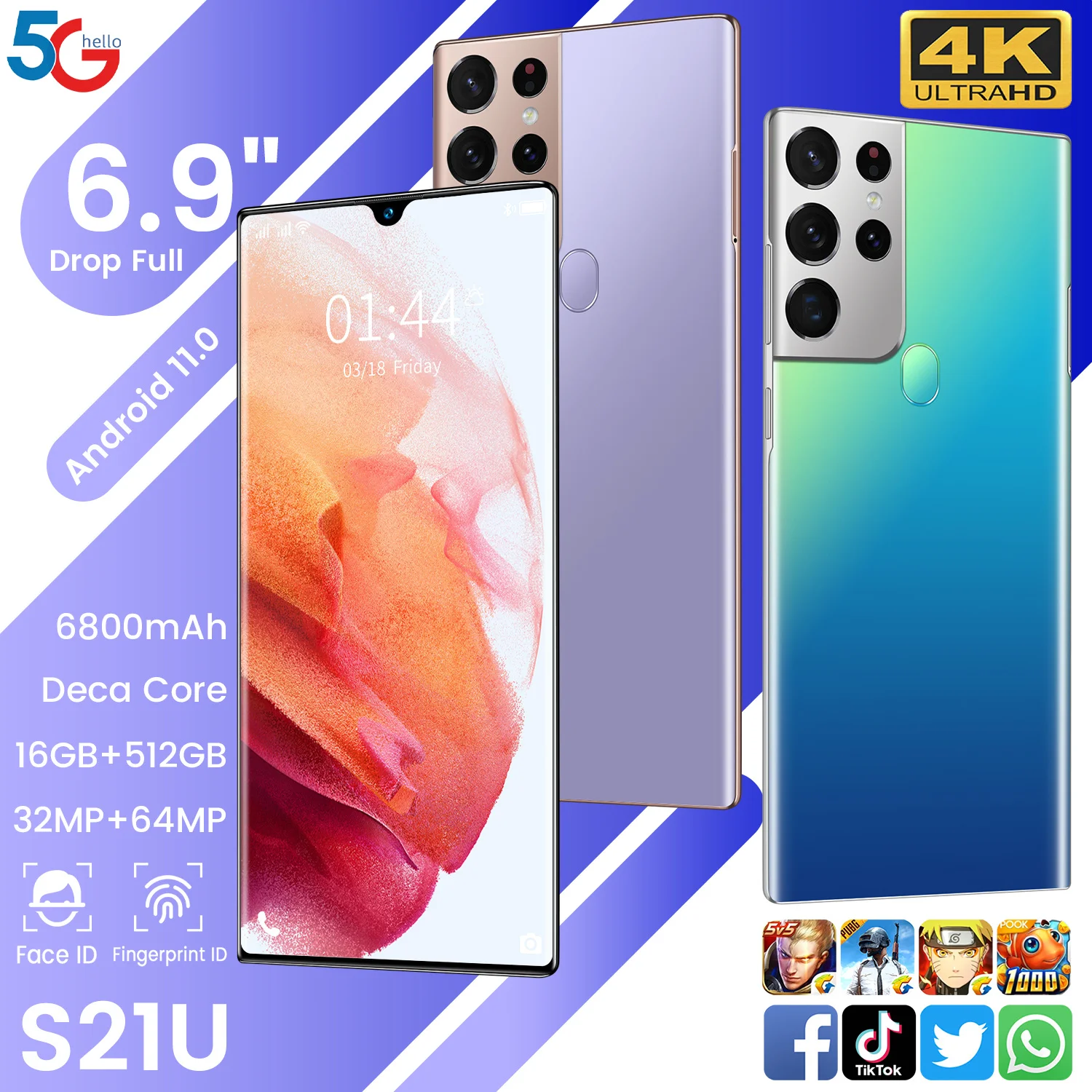 2021 S21U 6.9 Inch 6800mAh Face Recognition Global Version Android 11 16GB 512GB 32MP 64MP Smartphone Snapdragon 888 Cell Phones
2021 S21U 6.9 Inch 6800mAh Face Recognition Global Version Android 11 16GB 512GB 32MP 64MP Smartphone Snapdragon 888 Cell Phones