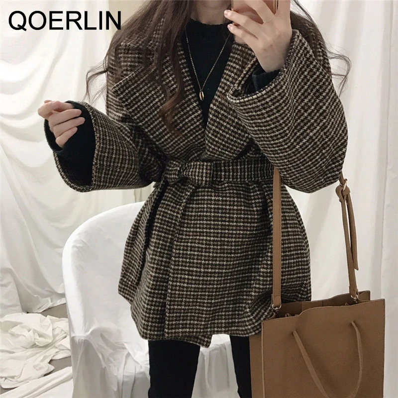 

QOERLIN Thicked Warm Blazer Belted Houndstooth Big Lapel Tweed Short Jacket Women Winter Suit Jacket Coat Female Loose Overcoat