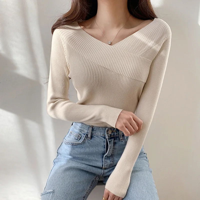 Women Casual Off Shoulder V Neck Long Sleeve Sweaters Womens Bottoming Top Winter Clothes Knitted Woman Solid Pullover 
Women Casual Off Shoulder V Neck Long Sleeve Sweaters Womens Bottoming Top Winter Clothes Knitted Woman Solid Pullover