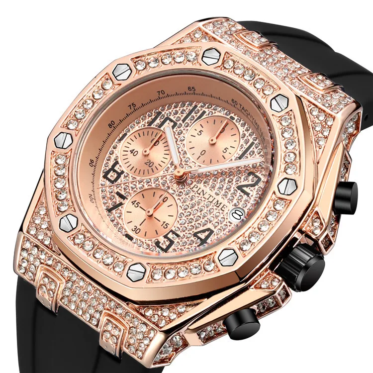 

Famous Brand Men's Luxury Diamond Quartz Watch Cool Sports Chronograph Watch Rubber Strap Fashion Male Clock reloj hombre