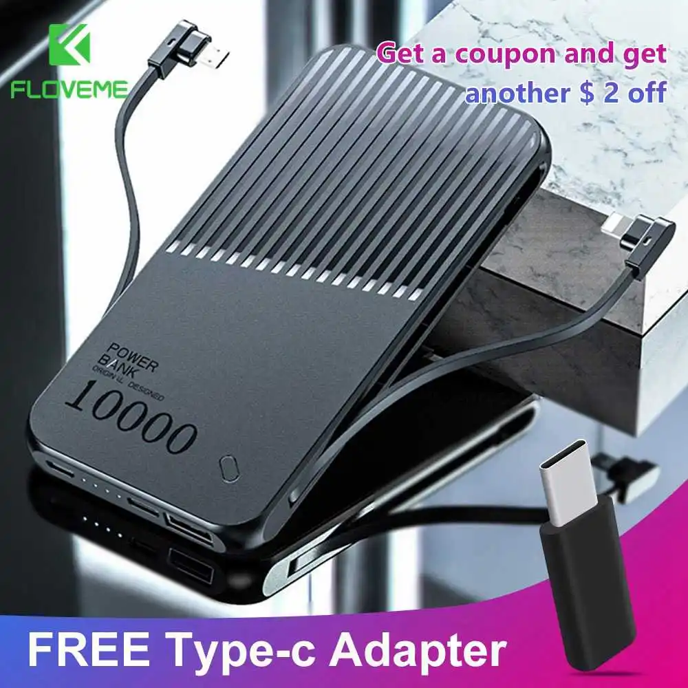 FLOVEME 10000 мАч Внешний аккумулятор с бесплатным адаптером Type c для iPhone Xiaomi Micro USB