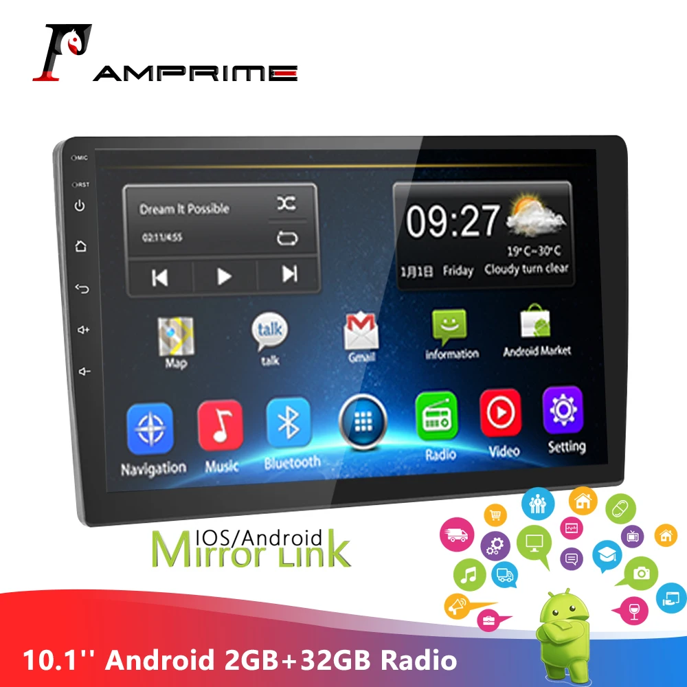 Автомобильный мультимедийный плеер AMPrime 10 1 дюйма Android 2 ГБ + 32 din радио зеркальная