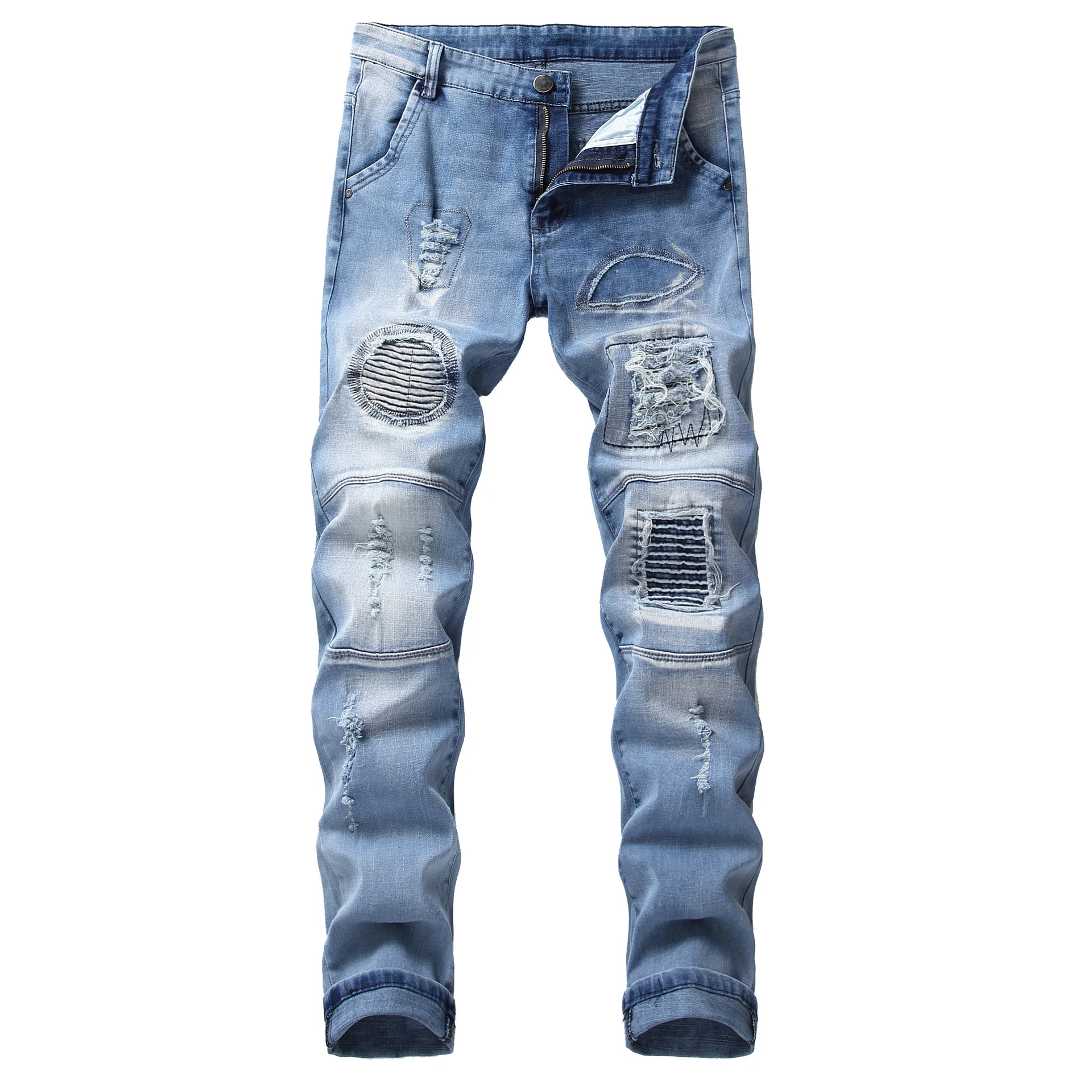 2020 Men'S Wear Hole & Patch Slim Fit Light Blue Jeans Wrinkle Double Color Locomotive Cowboy Pants
2020 Men'S Wear Hole & Patch Slim Fit Light Blue Jeans Wrinkle Double Color Locomotive Cowboy Pants
