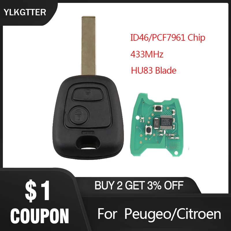 YLKGTTER 2Buttons Remote Car Key For Peugeot 307 For Citroen C1 C3 With ID46/PCF7961 Transponder Chip & Uncut DIY HU83 Blade
YLKGTTER 2Buttons Remote Car Key For Peugeot 307 For Citroen C1 C3 With ID46/PCF7961 Transponder Chip & Uncut DIY HU83 Blade