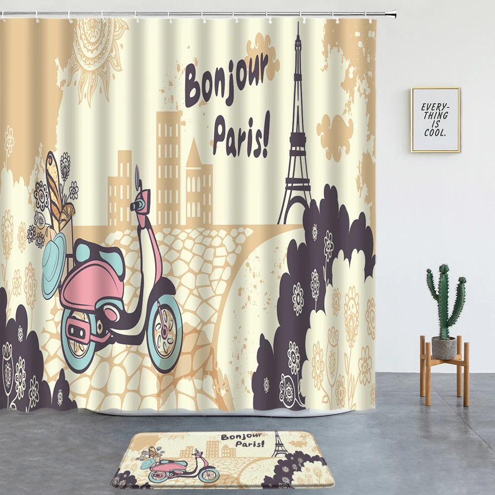 Retro Style Motorcycle Paris Tower Shower Curtains Set With Rugs Bathroom Decor Fabric Washable Hooks Bathtub Screen Bath Mats
Retro Style Motorcycle Paris Tower Shower Curtains Set With Rugs Bathroom Decor Fabric Washable Hooks Bathtub Screen Bath Mats
