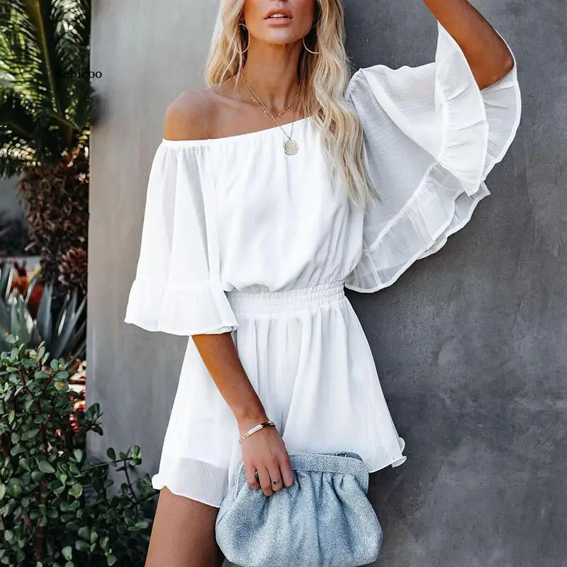 Summer Off Shoulder Ruffles Women's Playsuits Solid Flared Sleeves Elastic Waist Female Playsuit Fashion Loose Lady Rompers
Summer Off Shoulder Ruffles Women's Playsuits Solid Flared Sleeves Elastic Waist Female Playsuit Fashion Loose Lady Rompers