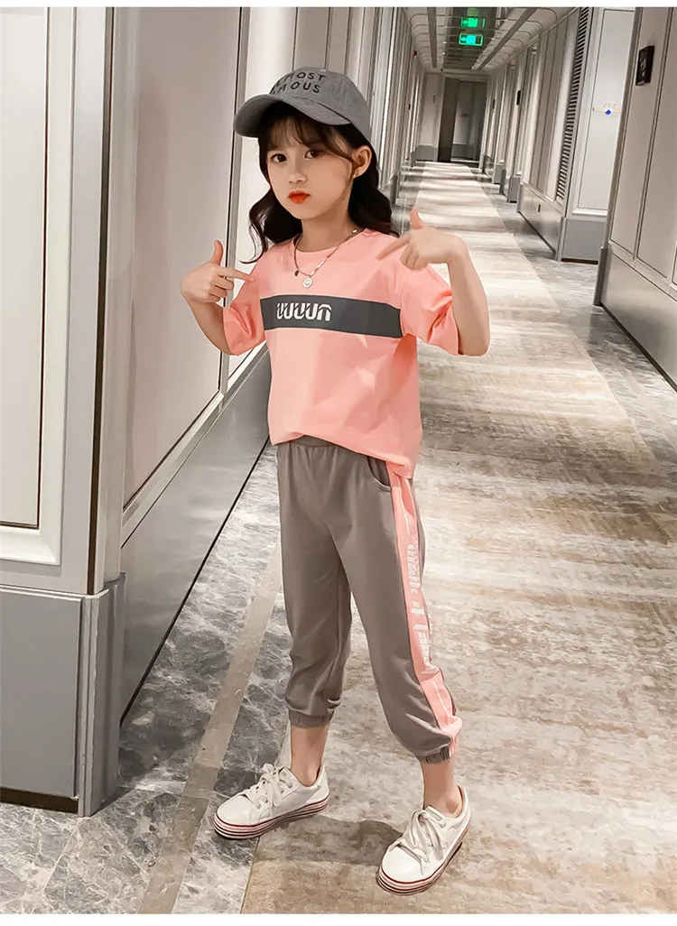 Summer Girls Clothes Set Teen Kids Clothing Sports Suit Child Letter T-shirt+Casual Pants 2pcs Tracksuit for Baby Girl 8 10 Year | Детская