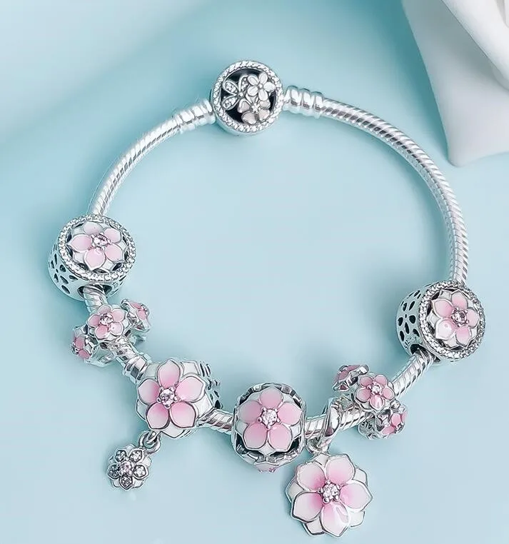 Original 925 Sterling Silver Strand Bracelets Enamel Magnolia Bloom Duo With Crystal Beads Fit pan Bracelet Diy Jewelry
Original 925 Sterling Silver Strand Bracelets Enamel Magnolia Bloom Duo With Crystal Beads Fit pan Bracelet Diy Jewelry