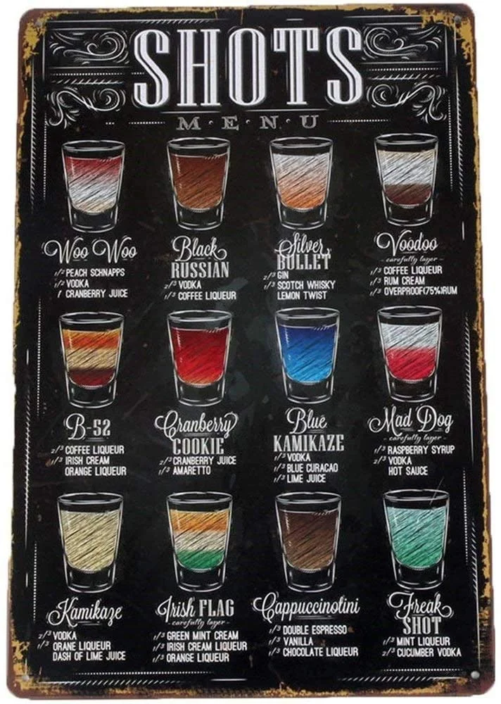 Коктейльные выстрелы меню Ретро винтажный бар металлический жестяной знак постер стиль настенное искусство Паб Бар Декор 20X30 см
Коктейльные выстрелы меню Ретро винтажный бар металлический жестяной знак постер стиль настенное искусство Паб Бар Декор 20X30 см