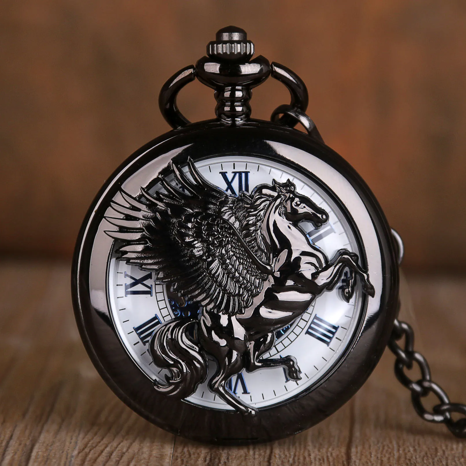 Full Black Fantasy Pegasus Horse Mechanical Pocket Watch Hollow Steampunk Skeleton Fob Chian Pocket Watches for Men Women Gifts
Full Black Fantasy Pegasus Horse Mechanical Pocket Watch Hollow Steampunk Skeleton Fob Chian Pocket Watches for Men Women Gifts