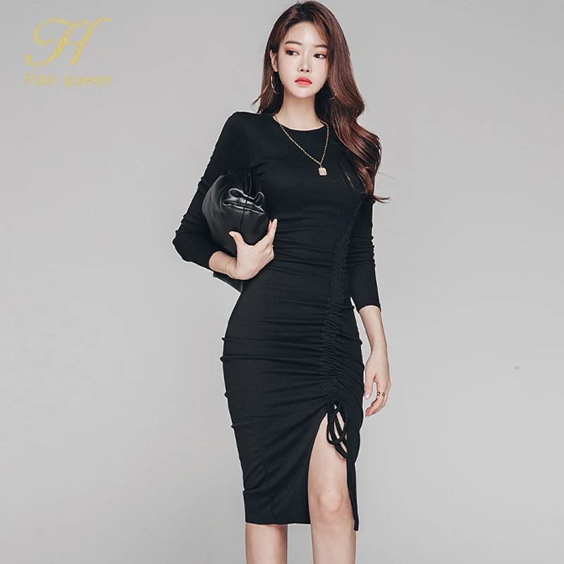 Фото Осеннее черное облегающее платье карандаш H Han Queen одежда для работы деловые