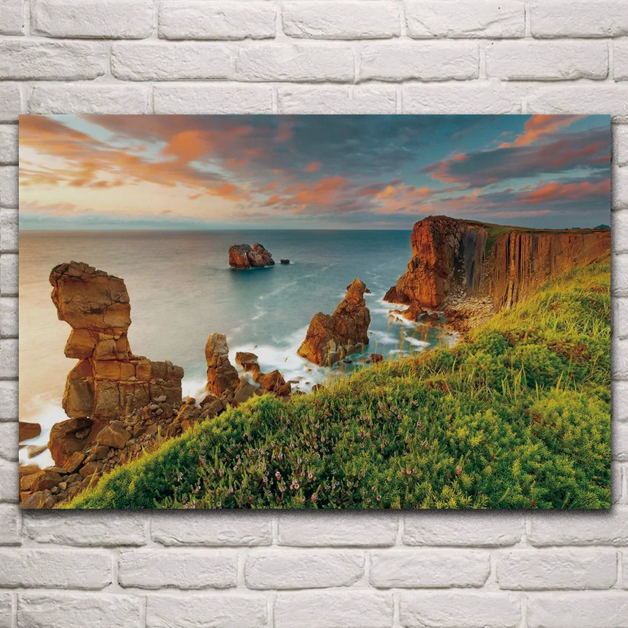 

Sea shore sunrise cliff clouds coast islands scenery fabric posters on the wall picture home art living room decoration KM654
