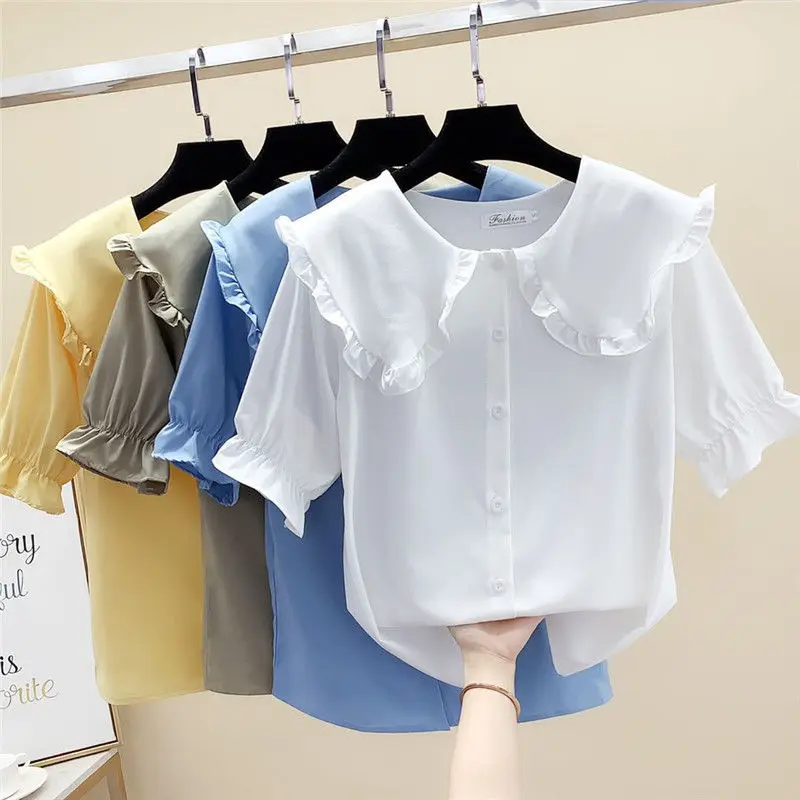 2021 New Women Summer Elegant Solid Color Blouse Lady Sweet Chiffon Short Sleeve Shirts Female Peter Pan Collar Shirt Tops L283
2021 New Women Summer Elegant Solid Color Blouse Lady Sweet Chiffon Short Sleeve Shirts Female Peter Pan Collar Shirt Tops L283
