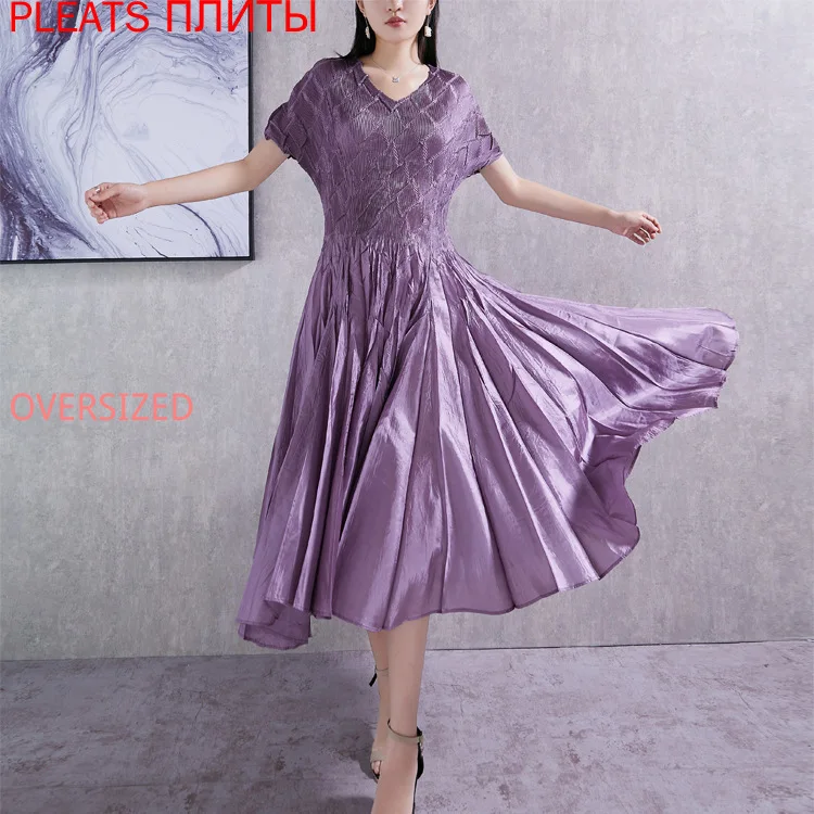 

Miyake Pleated Dress Purple New Summer Fashion Loose Large Size Slim Temperament Large Swing Dresses Elegant PLEATS Vestido