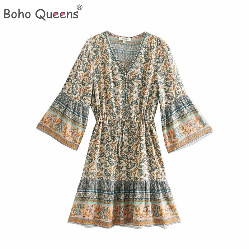 Фото Женское богемное мини платье с цветочным принтом бахромой и V - купить