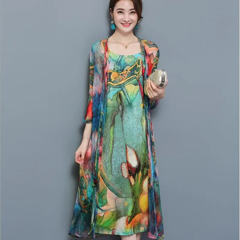 Large Size 3XL 4XL Women 2 Piece Set Women Natioanl Print Sling Dress + Open Stitch Cardigan Suit Elegant Chiffon Vestido QV635
Large Size 3XL 4XL Women 2 Piece Set Women Natioanl Print Sling Dress + Open Stitch Cardigan Suit Elegant Chiffon Vestido QV635