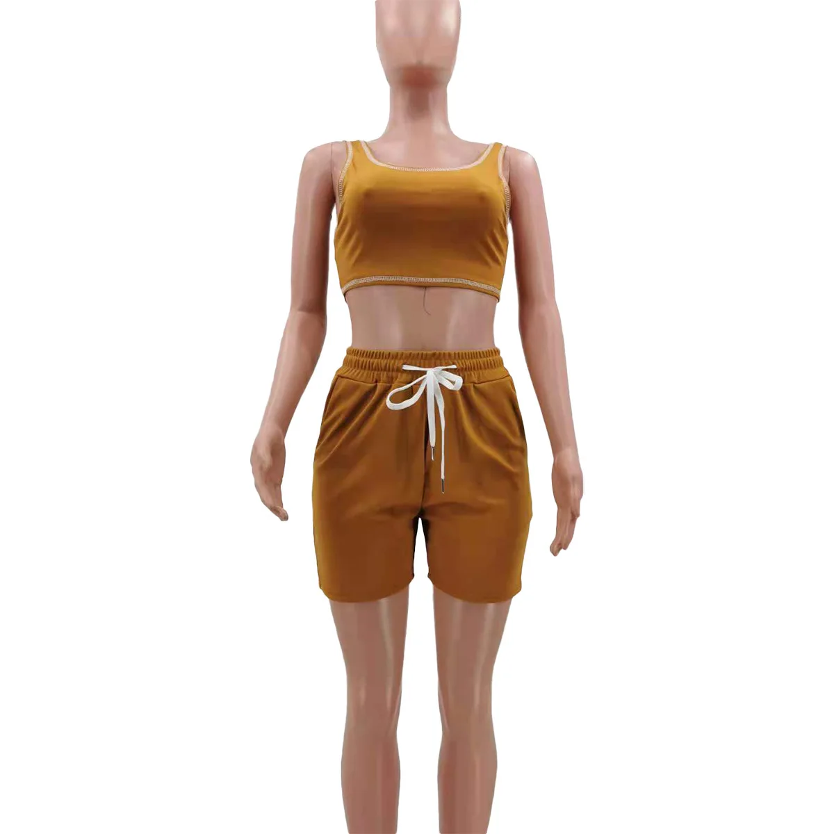 Yellow Casual Sportswear Solid Split Joint U Neck Sleeveless Two Pieces