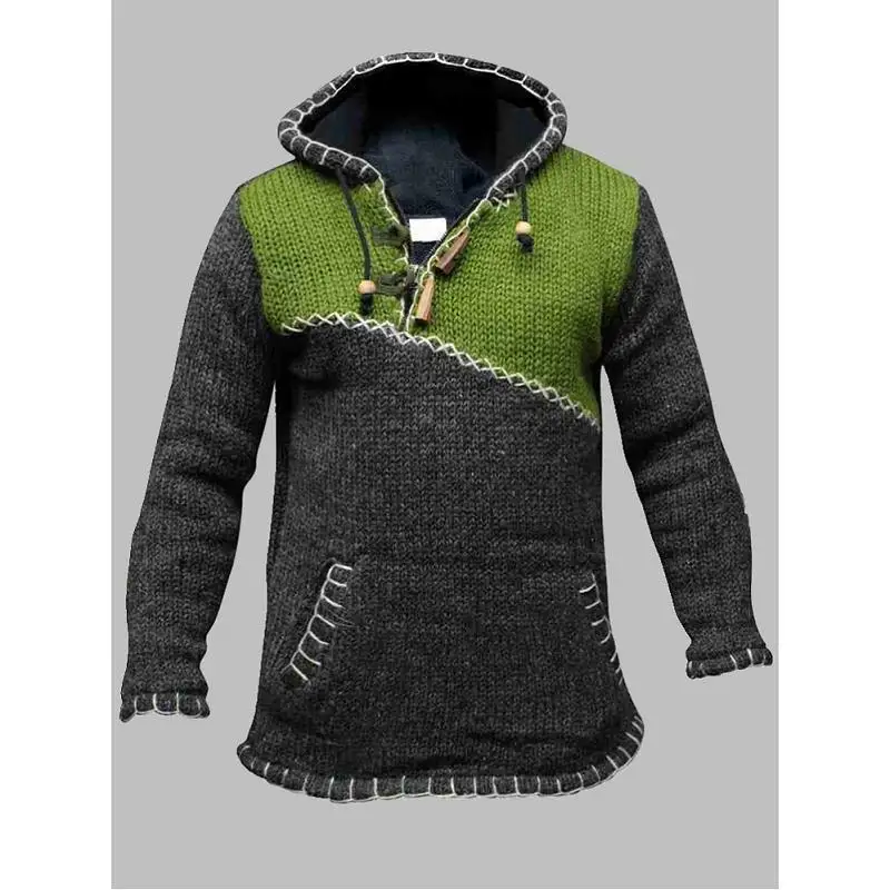 

Lugentolo Mens Sweaters Fall Fashion Contrast Stitching Long Sleeves Knitted Pullover Hooded Sweater