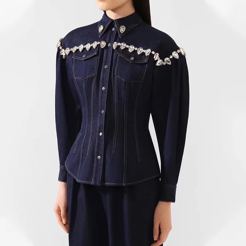 MSXU 2020 Autumn Women's New Heavy Industry Diamond-studded Lapel Single-breasted Slim Denim Jacket Women's Jacket 
MSXU 2020 Autumn Women's New Heavy Industry Diamond-studded Lapel Single-breasted Slim Denim Jacket Women's Jacket