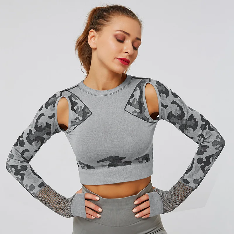 Женский укороченный топ Zhangyunuo Спортивная футболка камуфляжной расцветки с