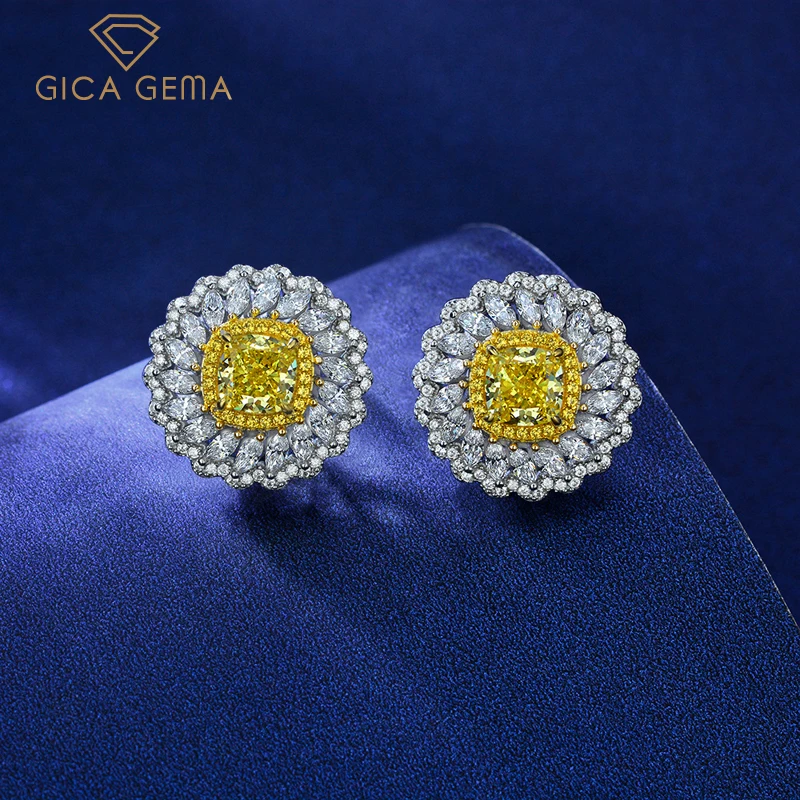 

GICA 100% 925 Sterling Silver 7*7mm Gold High Carbon Diamond Daisy Stub Earrings For Women Sparkling Wedding Fine Jewelry Gift