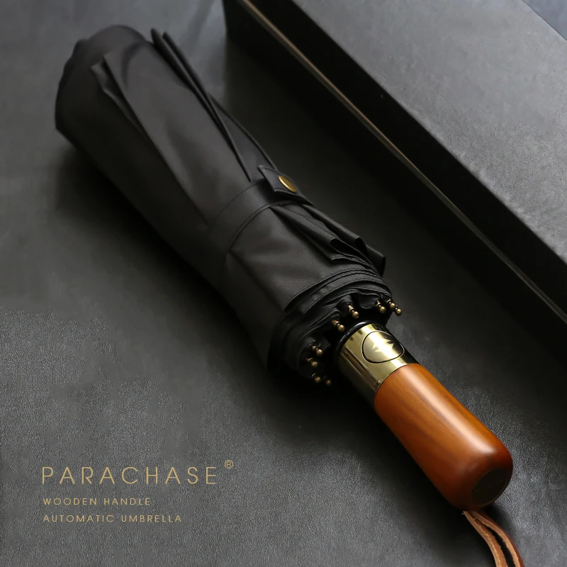 

Большой зонт в деловом стиле PARACHASE, мужской автоматический зонт 115 см, двухслойный, 10 ребер, деревянный, для гольфа