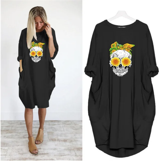 Plus Size 5XL Women's Dress Skull Print Long Sleeve O Collar Pocket Loose Casual Female Dresses Vintage Vestidos Robes Femme
Plus Size 5XL Women's Dress Skull Print Long Sleeve O Collar Pocket Loose Casual Female Dresses Vintage Vestidos Robes Femme