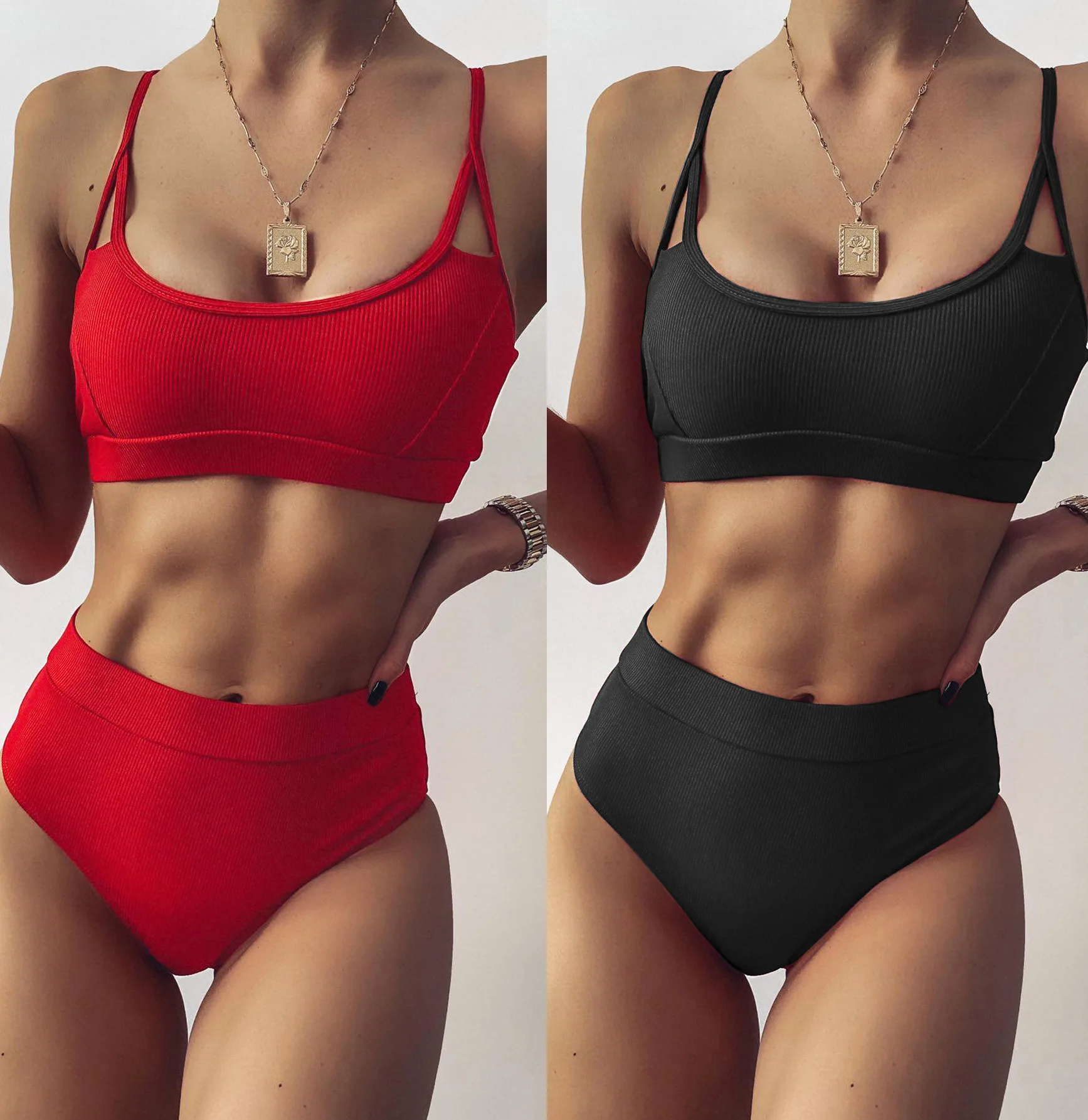 Ribbed Sling Swimsuit Sets Sexy Hollow Out Triangl Swimwear Bikini with Padding Backless Red Bikini Push Up Swimm Suit for Women 
Ribbed Sling Swimsuit Sets Sexy Hollow Out Triangl Swimwear Bikini with Padding Backless Red Bikini Push Up Swimm Suit for Women