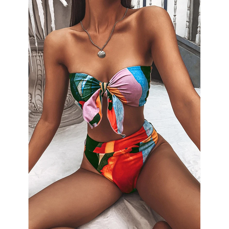 

Sexy Knot Bandeau Bikini 2021 New Swimsuit Women Swimwear Female High Waist Bikinis Set Swimming for Bathing Suit Woman Swimsuit