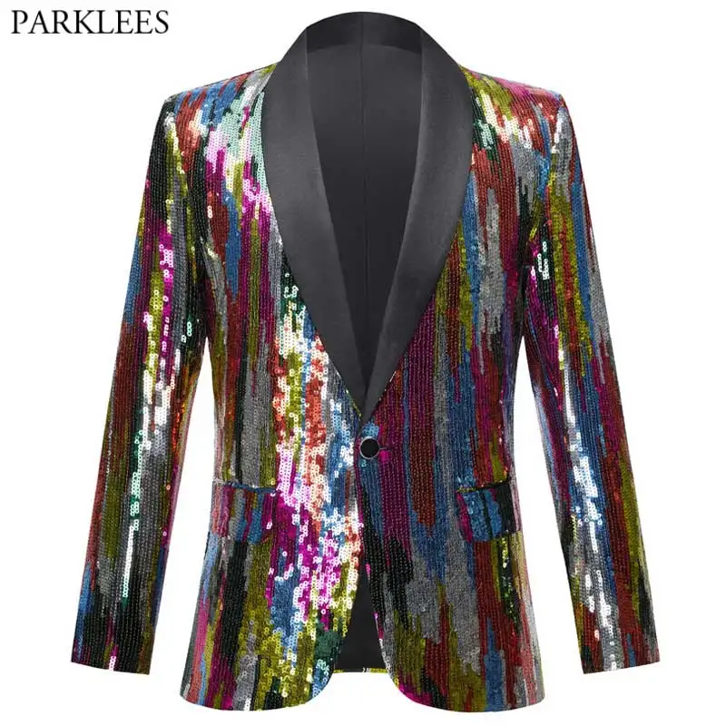 Men's Shining Rainbow Colorful Sequin Blazer Jacket One Button Shawl Lapel Nightclub Costume Striped Party Wedding Blazer Hombre
Men's Shining Rainbow Colorful Sequin Blazer Jacket One Button Shawl Lapel Nightclub Costume Striped Party Wedding Blazer Hombre
