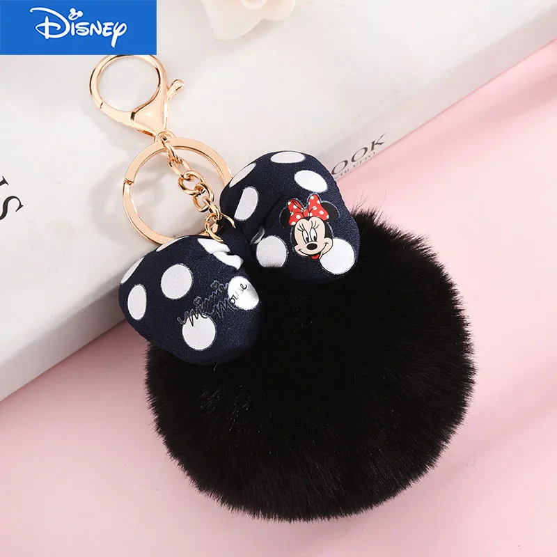 

Disney Mickey Minnie Cartoon Polka Dot Bow Pom-Pom KeyRing for Woman Car Bag Pendant Ornament Fashion Parts Toy Keychains