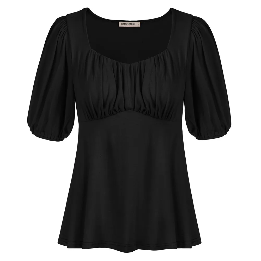 

GRACE KARIN Women's Short Sleeve Blouse Tops Summer Comfy A-Line Tops Short Lantern Sleeve V-Neck Ruched Bodice Shirts A30