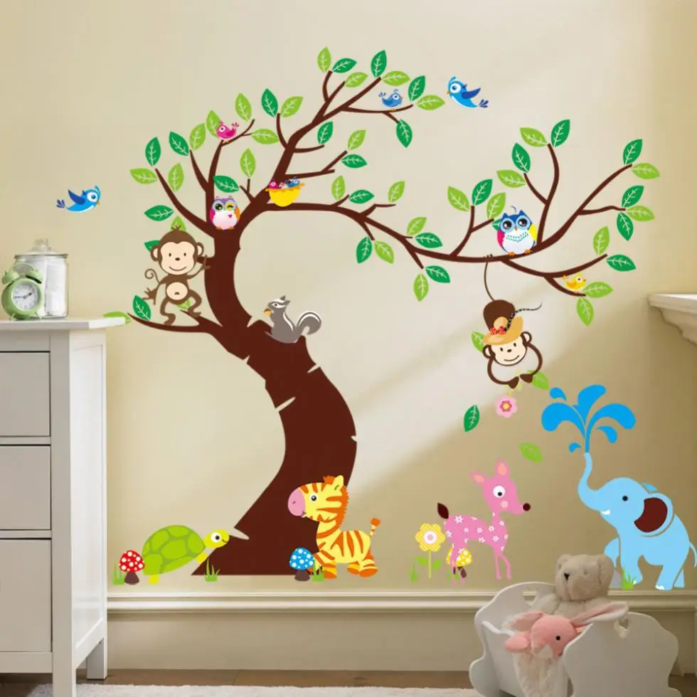 

Forest Animals Tree wall stickers for kids room Monkey owl Jungle wild Wall Decal Baby Nursery Bedroom Decor Poster Mural 1piece