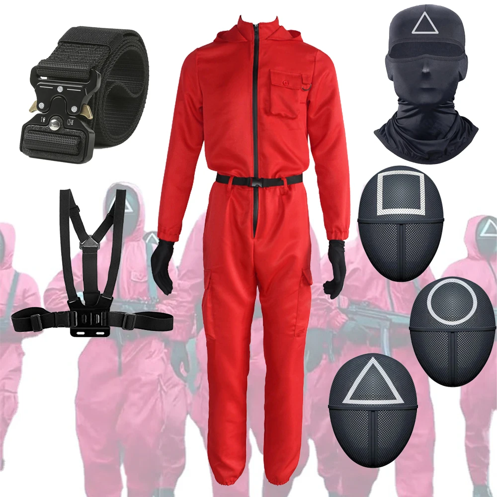 Squid Game Villain Red Jumpsuit Cosplay Costumes Round Six Npc Circle Triangle Square Mask Strap Belt Accessories Halloween
Squid Game Villain Red Jumpsuit Cosplay Costumes Round Six Npc Circle Triangle Square Mask Strap Belt Accessories Halloween