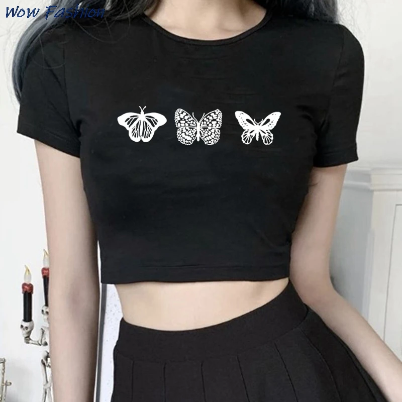 Women Black Butterfly Print Crop Top Casual O-neck Short Sleeve Cropped Tees Sexy Slim Letter Streetwear Short Tee Black Top
Women Black Butterfly Print Crop Top Casual O-neck Short Sleeve Cropped Tees Sexy Slim Letter Streetwear Short Tee Black Top