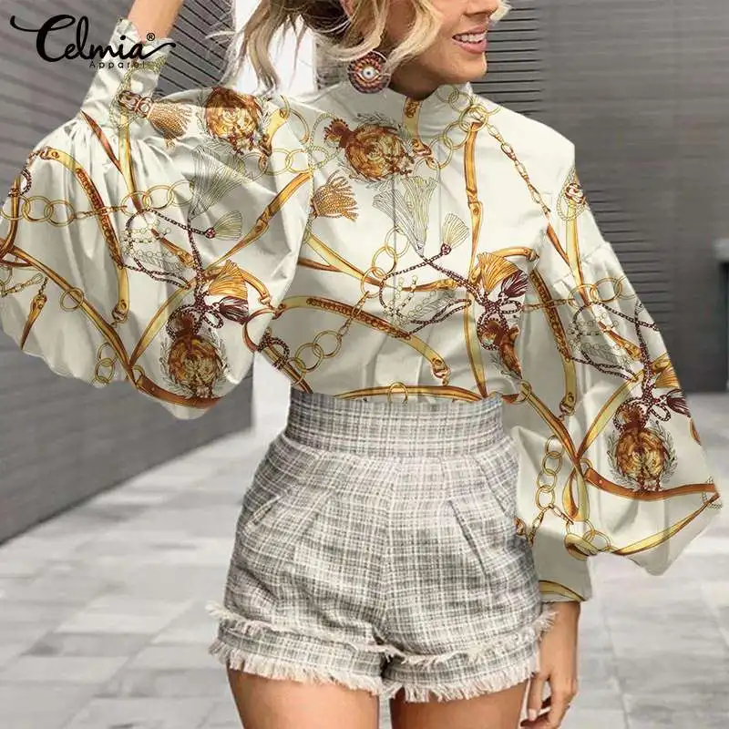 

2022 Celmia осенние женские блузки с большими рукавами-фонариками, элегантная рубашка с воротником-стойкой, винтажные плиссированные уличные то...