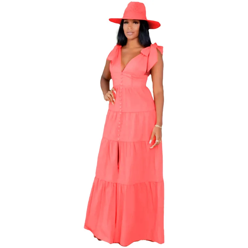 Women Long Dress Solid Sleeveless Bandage Strap V-neck Ruffles Loose Splited Maxi Dresses Sexy Fashiong Vetidos Summer
Women Long Dress Solid Sleeveless Bandage Strap V-neck Ruffles Loose Splited Maxi Dresses Sexy Fashiong Vetidos Summer