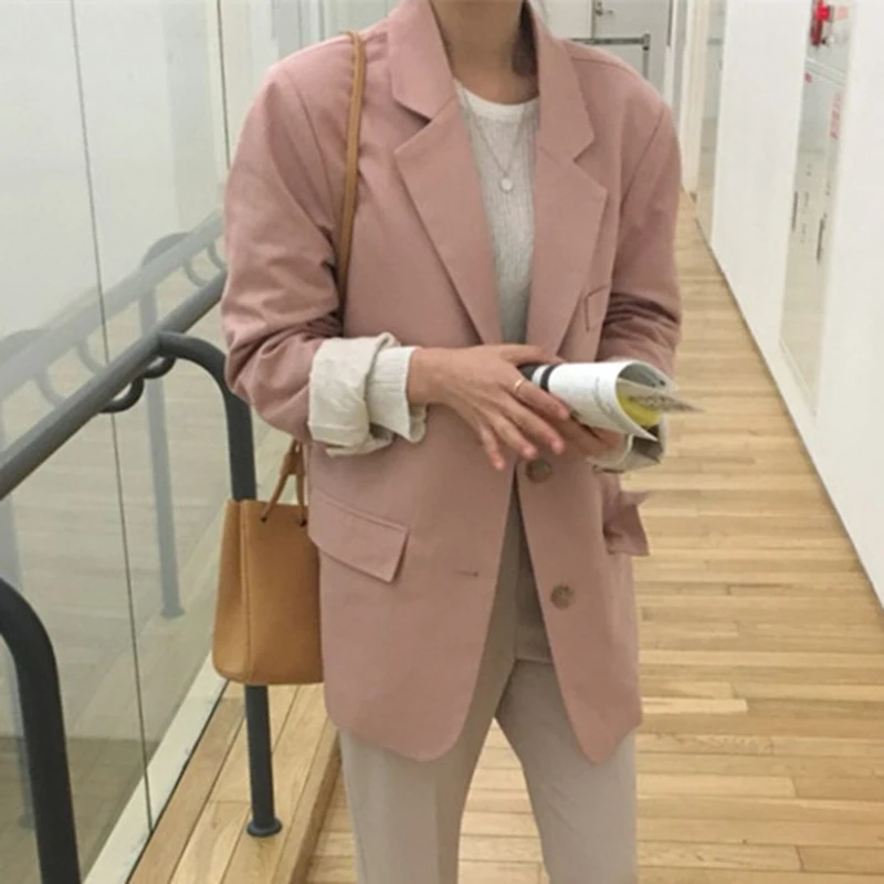 

Женский офисный блейзер с длинным рукавом, розовый пиджак свободного покроя в Корейском стиле, одежда для офиса, жакет, S128, осень 2019