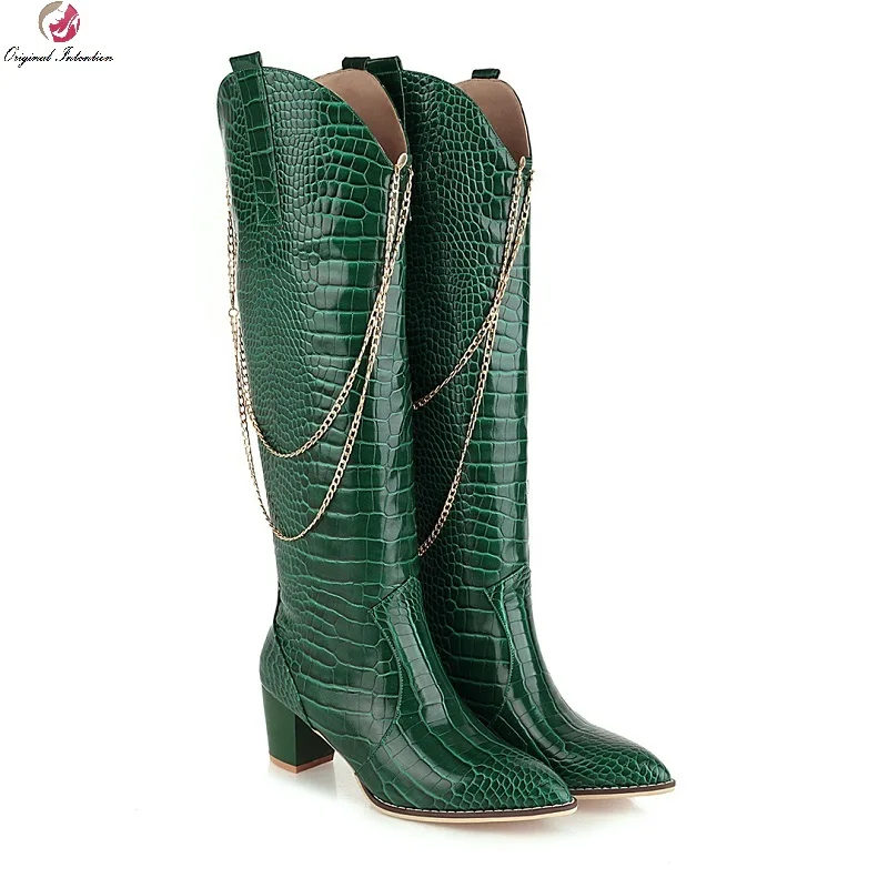 2021 Fashion Knee High Boots Women Chunky Heels Slip On Western Boots Ladies Metal Chain Pointed Toe Autumn Winter Long Boots
2021 Fashion Knee High Boots Women Chunky Heels Slip On Western Boots Ladies Metal Chain Pointed Toe Autumn Winter Long Boots