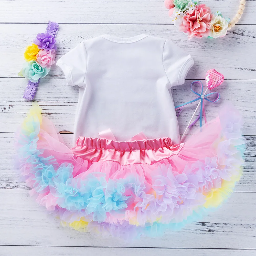 

Baby Grls Birthday Outfits Infant 1st Party Tutu Clothes Set With Headband White Bodysuit Pettiskirt Colours Mesh Dress 0-24M