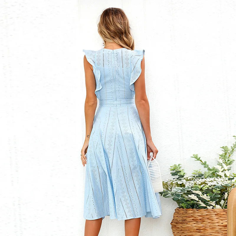 SEENIMOE Women Office Casual A-Line Midi Dress Female Summer White Blue Solid Lace Sleeveless Elegant Party | Женская одежда