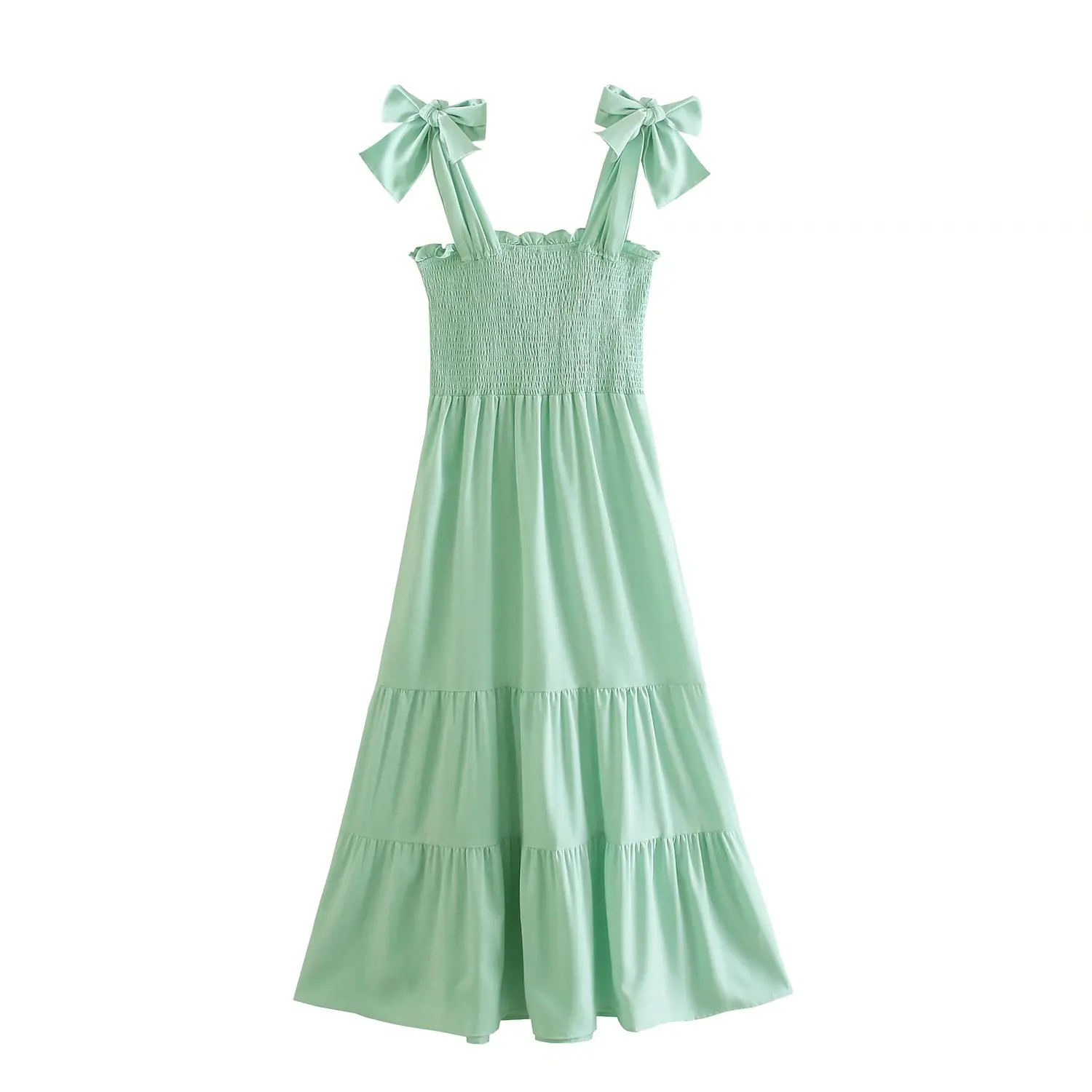 Clazzaa Women Elegant Dress with Bow Knot Straps Smocked Detail Patchwork Hem Chic Lady Prairie Style Long Dresses Female 
Clazzaa Women Elegant Dress with Bow Knot Straps Smocked Detail Patchwork Hem Chic Lady Prairie Style Long Dresses Female