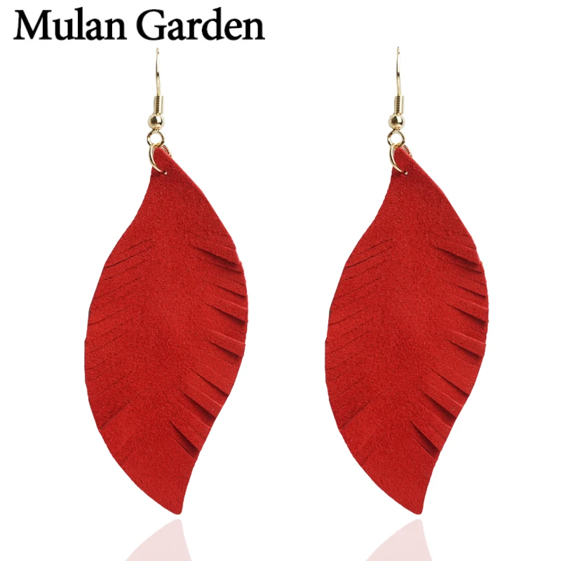 

M&G Red Feather Genuine Goat Leather Earrings for Women Fashion Pendant Dangle Statement Earring Leather Jewelry New Accessories