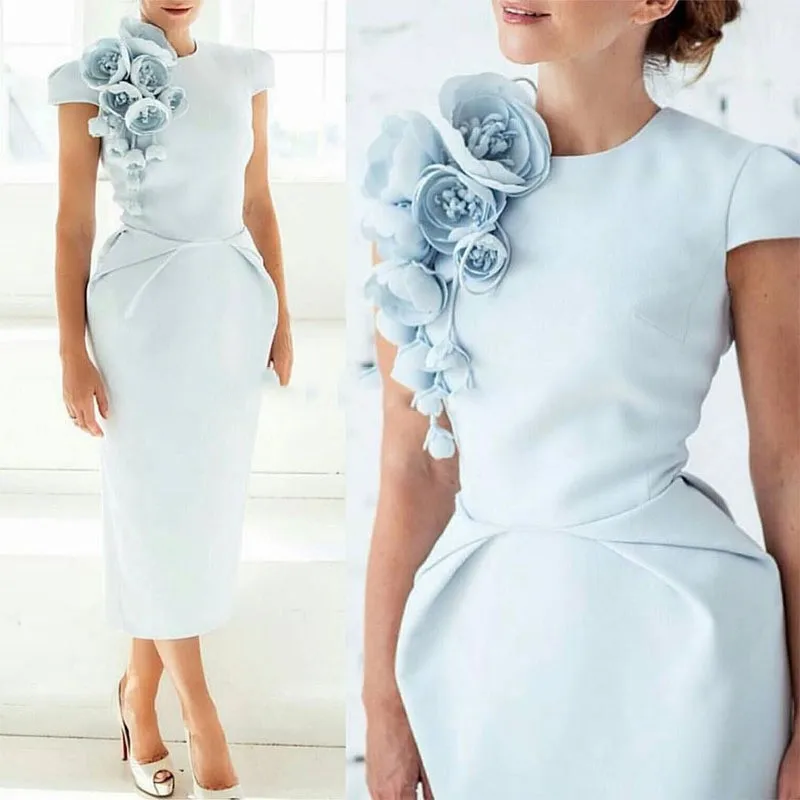 Saudi Arabic mother of the bride dresses sky blue Woman Flower Vestido De Festa tea-length cap sleeve mother occasion prom gowns 
Saudi Arabic mother of the bride dresses sky blue Woman Flower Vestido De Festa tea-length cap sleeve mother occasion prom gowns