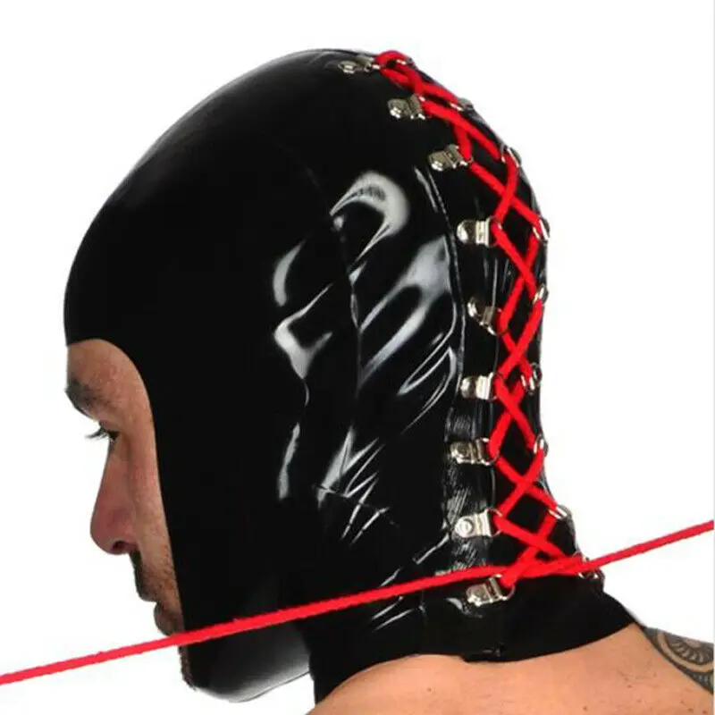 

Latex Hood Behind Lacing Open Face Rubber Mask Club Party Wear Costume for Men