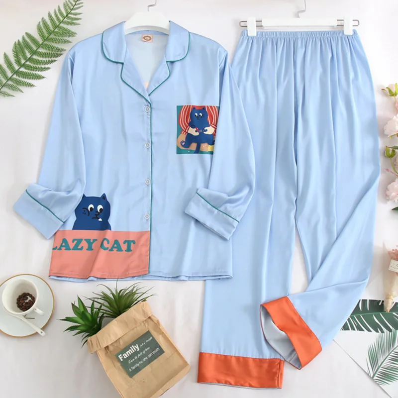 Summer Autmn Women's Pajamas Set New Style Fashion Cute Cat Print Sleepwear Silk Like Leisure Home Clothes Nightwear Pyjamas
Summer Autmn Women's Pajamas Set New Style Fashion Cute Cat Print Sleepwear Silk Like Leisure Home Clothes Nightwear Pyjamas