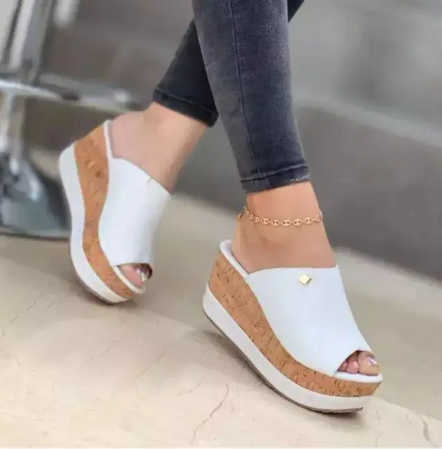 

2021 New Women's Shoes Pu Slope Heel Muffin Thick Bottomed Sandals High Heel Flip Flop Anti Slip Beach Shoes Fashion Km065