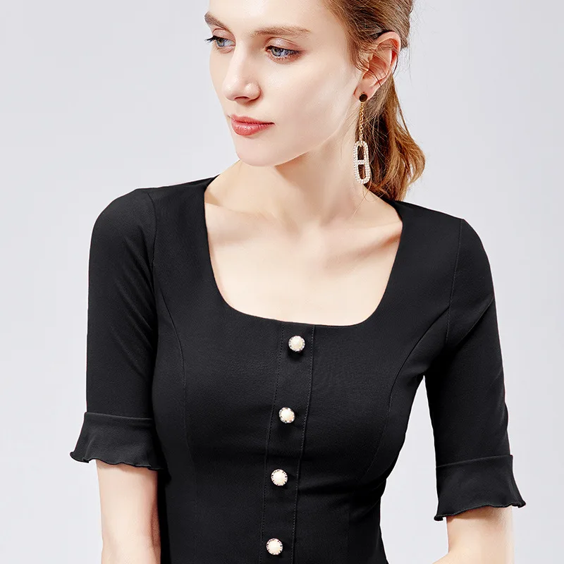 Elegant square neck T-shirt women's quarter sleeve autumn women's single breasted annual trumpet sleeve top
Elegant square neck T-shirt women's quarter sleeve autumn women's single breasted annual trumpet sleeve top